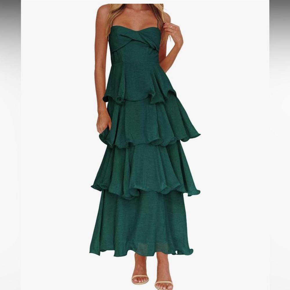 Elegant Teal Spaghetti Straps Tiered Dress - Picture 3 of 5